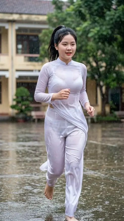 9 Cô gái áo dài trắng đi trên sân ướt, tay cầm nhẹ vạt áo và nhìn về phía trước.