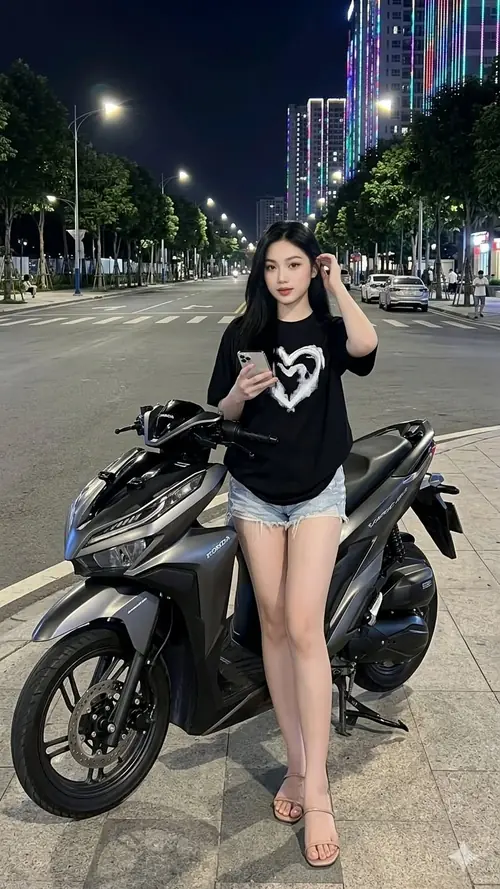 22 Trong nền tường sáng, cô gái áo dài trắng cài huy hiệu cờ đỏ đứng nghiêng nhẹ nhàng