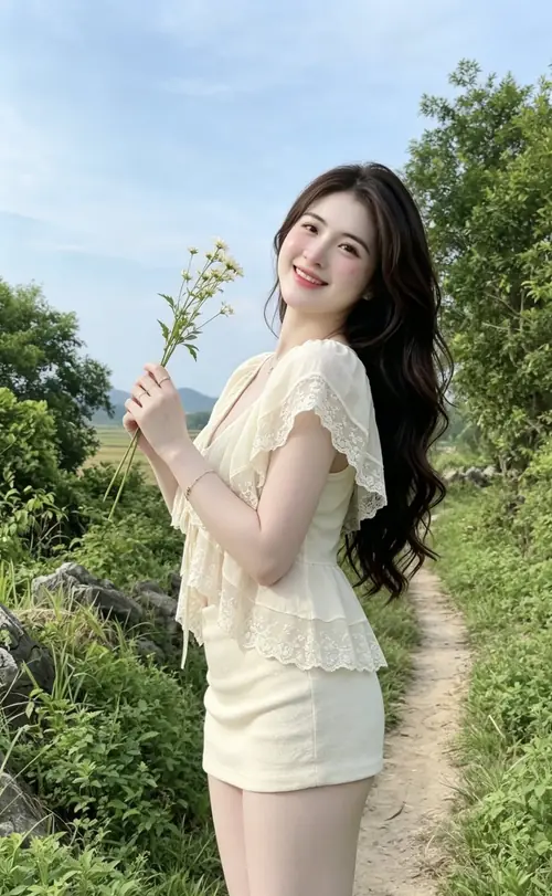 16 Bên hồ nước xanh, gái xinh Việt Nam váy trễ vai trắng đứng yên với mái tóc dài