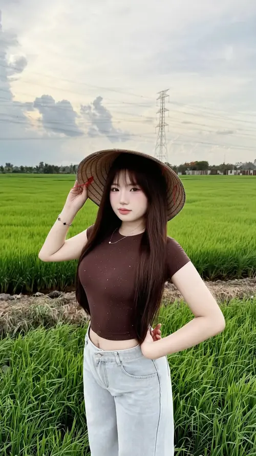 4 Trên đồng cỏ thoáng rộng, cô nàng đội mũ rộng vành đặt tay lên tóc, áo nâu ôm
