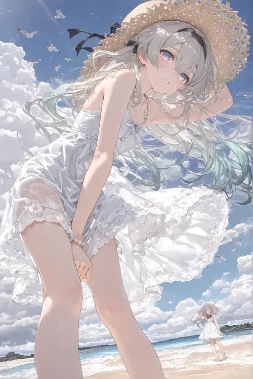 10 Trong làn sóng trắng, nữ anime tóc bạch kim đội mũ rộng vành với bộ bikini trắng nhẹ
