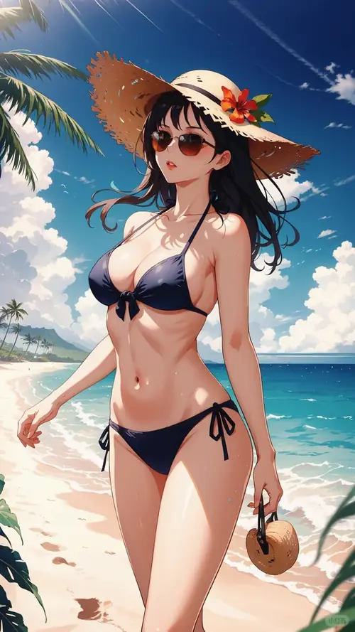11 Cô gái tóc nâu đội mũ cói bước trên cát, bikini đen và vòng tay nhỏ