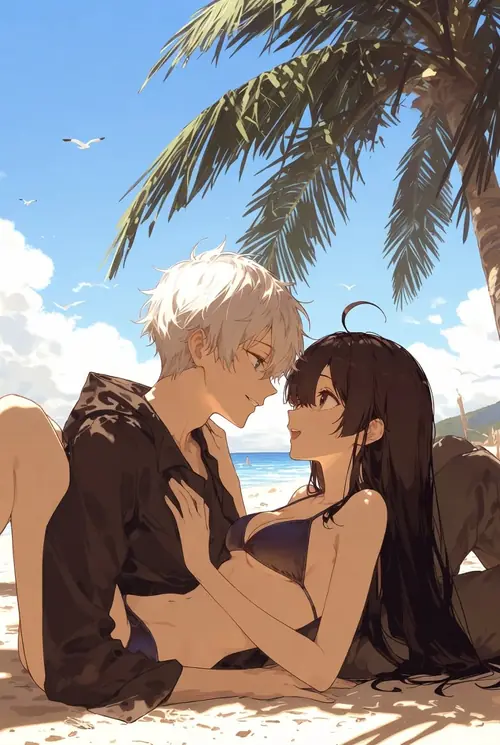 15 Cặp nhân vật anime đứng sát bên bờ biển, cô nàng hoạt hình Nhật tóc đen mặc bikini xanh