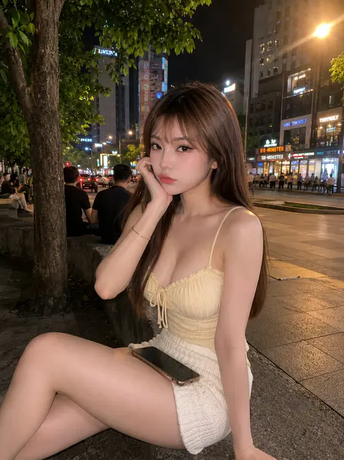 22 Giữa phố đêm nhiều ánh đèn, cô gái áo kem ngồi chống tay lên má, tóc nâu buông mềm