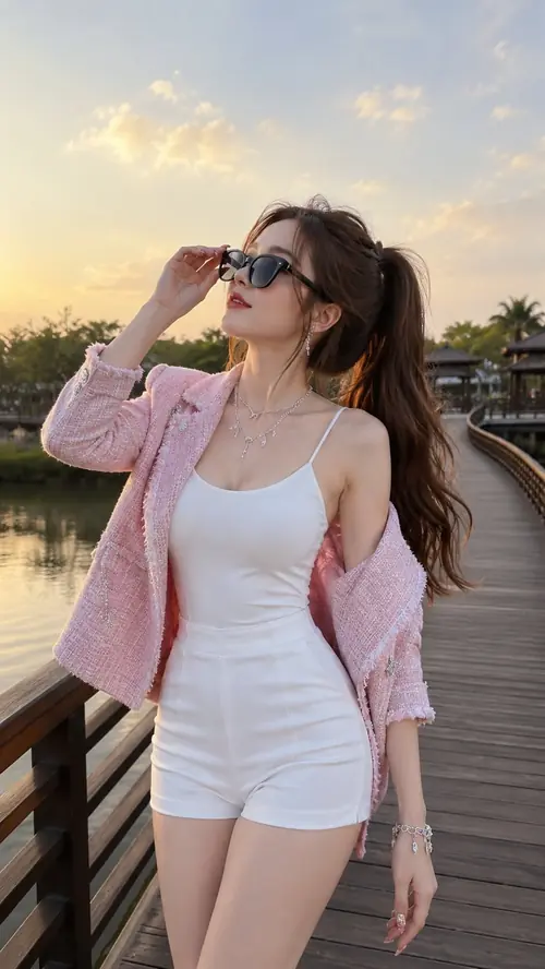 9 Cô gái áo hai dây trắng đội khăn ren, nhìn thẳng trước cụm hoa tím phía sau