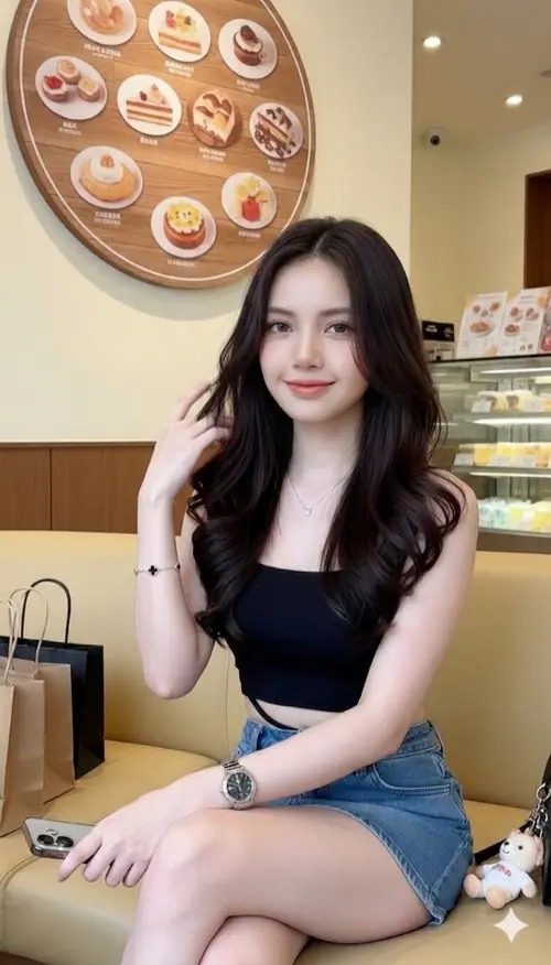 3 Cô nàng tóc ngắn mặc áo len kem, nhìn nhẹ vào máy giữa nắng phố buổi sáng