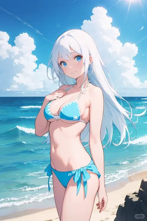 32 Trước biển xanh nắng gắt, cô nàng tóc trắng mặc bikini xanh ngọc và nhìn thẳng