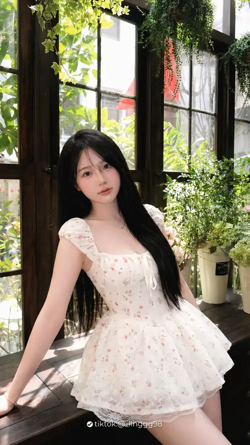 7 Cô gái tóc đen đứng cạnh khung cửa sáng, váy trắng chấm nhỏ và ánh nhìn dịu