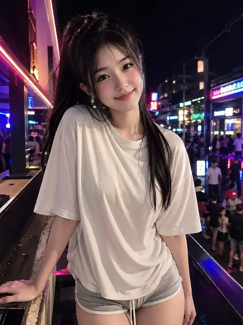 22 Giữa phố đêm nhiều ánh đèn, nàng áo thun trắng đứng bên lan can, quần jean ngắn
