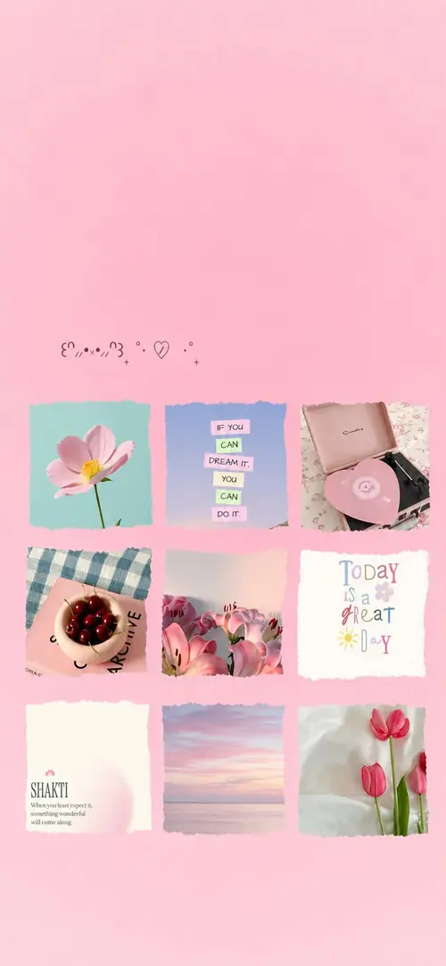 20 Bảng ghép ảnh nhỏ nằm lệch phía dưới nền hồng phấn, bên trên còn khoảng trống rộng.