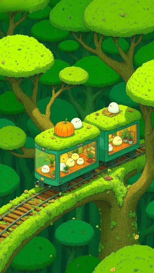 7 Tàu nhỏ màu xanh chạy trên đường ray cong, len qua những tán cây bo tròn.