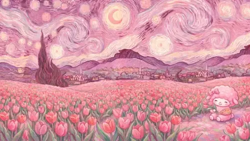 13 Cánh đồng hoa tulip hồng trải dưới bầu trời xoáy tím, xa xa có bóng mèo nhỏ.
