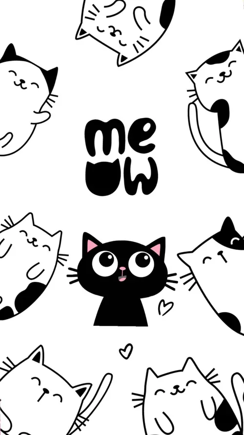 17 Nhiều mèo vẽ tay bao quanh chữ meow, mèo đen nhìn thẳng ở giữa trang.