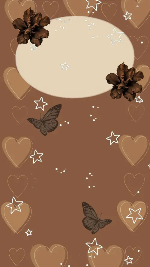 13 Nền scrapbook nâu có khung trắng, trái tim, bướm và hình vẽ nhỏ rải quanh bố cục.