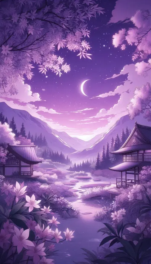 10 Trăng lưỡi liềm treo trên thung lũng tím, dòng sông uốn qua hàng cây nở hoa.