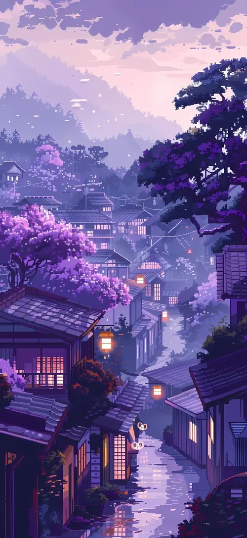 1 Ngôi làng ven núi phủ sắc tím, mái nhà sáng đèn dưới những tầng mây mờ.