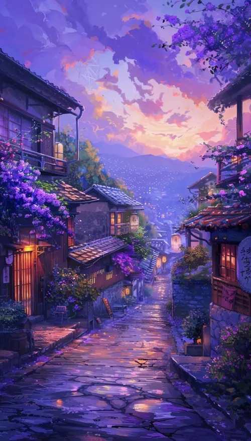 4 Con đường lát đá chạy qua thị trấn tím, hai bên có đèn vàng và mái ngói.