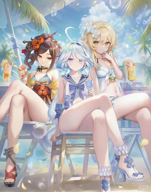 27 Ba cô gái anime ngồi bên hồ, váy áo bơi sáng màu và biểu cảm thoải mái